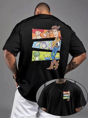 Men's Disney Toy Story Woody and Buzz Lightyear T-shirt - Loose Short Sleeved Shirt, Iconic Pattern Pure Cotton Comfortable Top