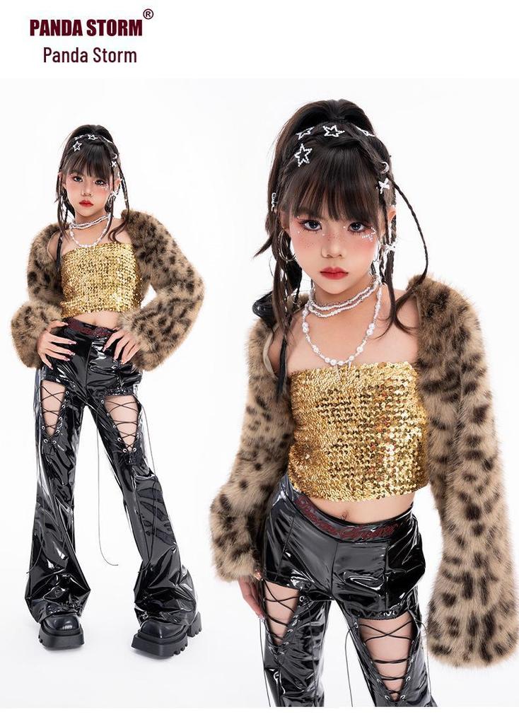 Costum de Dans Sequin Blană cu Imprimeu Leopard pentru Fete – Set Jachetă și Pantaloni pentru Spectacole