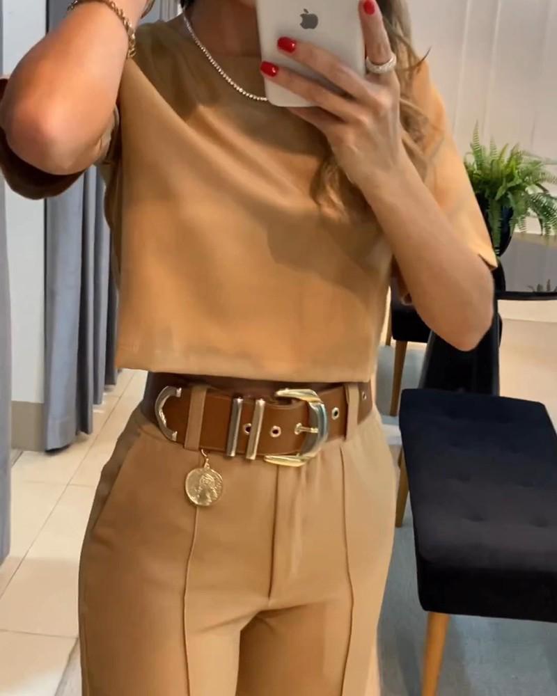 Set Casual de Camiseta de Manga Corta con Cuello Redondo y Color Sólido para Mujer Europea y Americana y Pantalones de Pierna Ancha