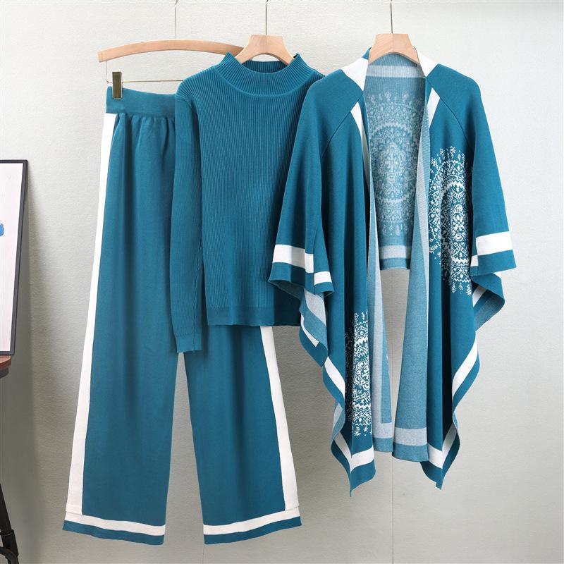 Women's Autumn Casual Three-Piece Set: Knitted Cardigan, Shawl Cape, Wide-Leg Pants