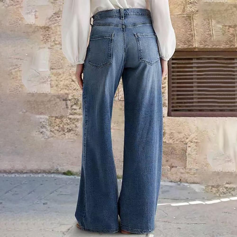 Women's Mid Rise Wide Leg Jeans Loose Fit Pocket Medium Weight Medium Stretch Long Denim Trousers