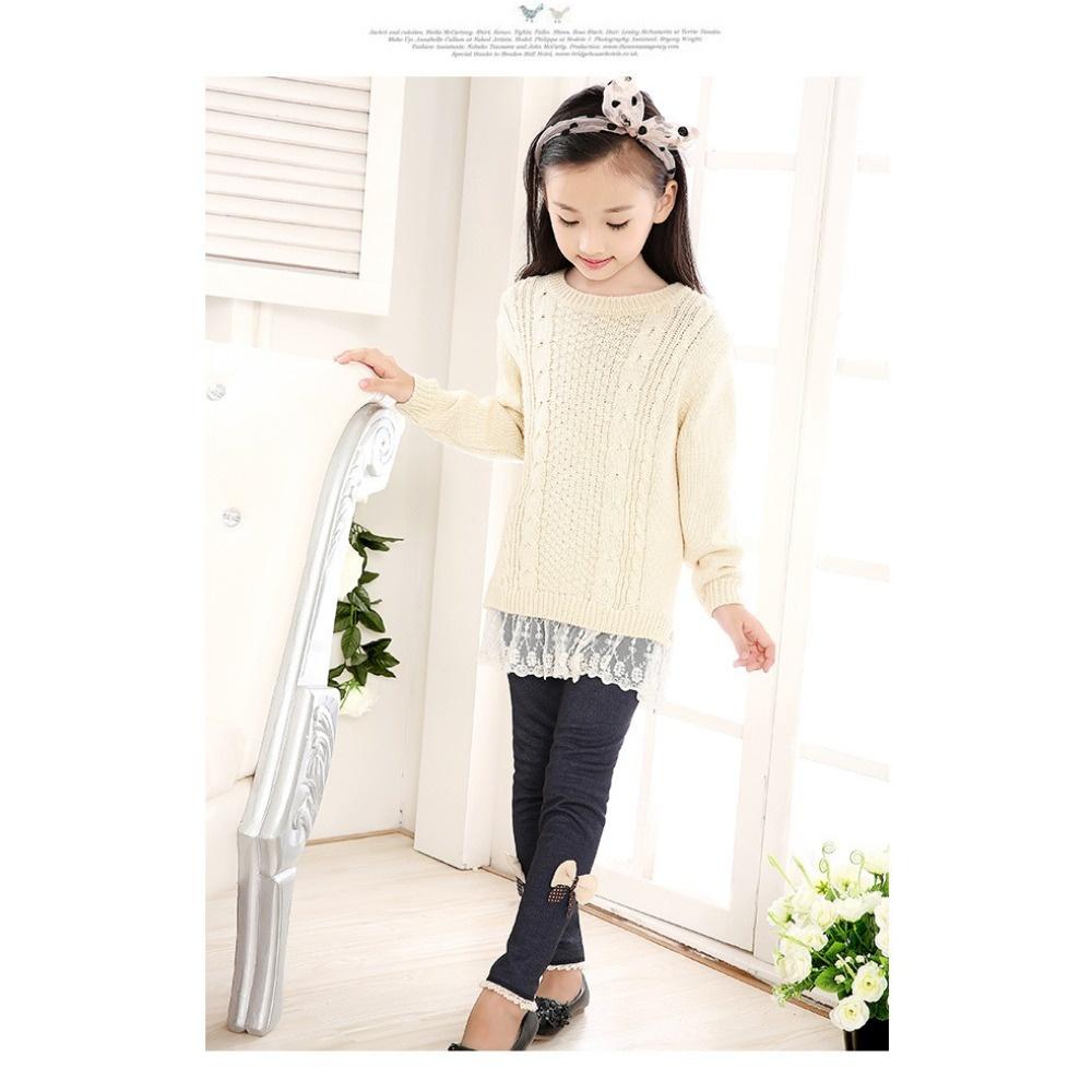 Girls' Cute Bow Denim Leggings with Fleece Lining - Thickened Warm Casual Long Pants Fall/Winter Pants
