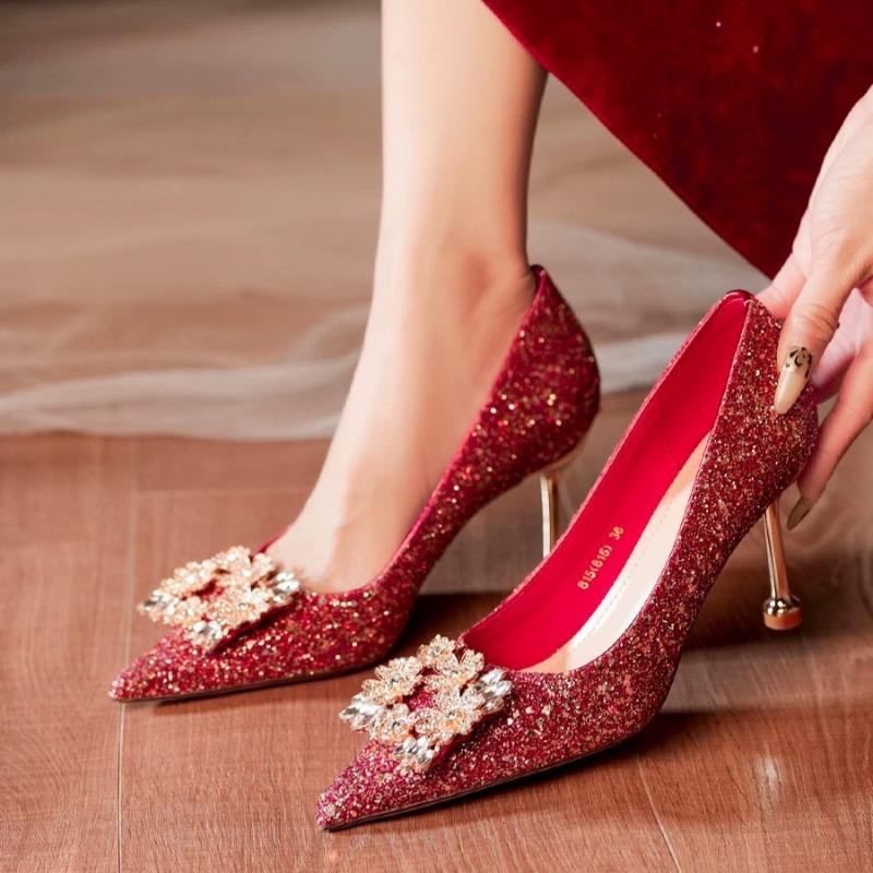 Fashion Spring New Thin Heel Shoes Women's Fashion Pointy Shallow Mouth Glitter Anti-slip Wear-resistant High Heels