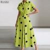 Women Casual Turn Down Collar Loose Short Sleeve Polka Dot Print Dress