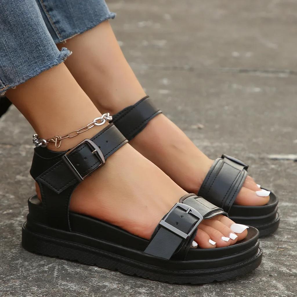 2025Summer Oversized Women's Shoes New Thick Sole Solid Color Sponge Cake Soft Sole Roman Sandals Beach Casual Shoes