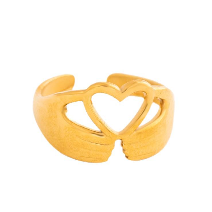 Heart Shaped Stainless Steel Geometric Hollow Ring - Colorfast Titanium Steel with Vacuum Electroplating Finish