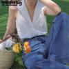 Summer Sleeveless French Camisole Women Lapel V Neck Blouse Niche Temperament Chiffon Top Classic Button Shirt Solid Color Simple Tank Top