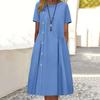 Women Midi Dress Button Decor Round Neck Solid Color Loose Hem Pleated Dress-up Pockets Breathable Plus Size Lady Summer Dress Lady Clothes