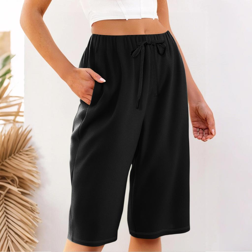 Women's Summer Elasticated Tie Waist Solid Colour Cotton & Linen Loose Shorts