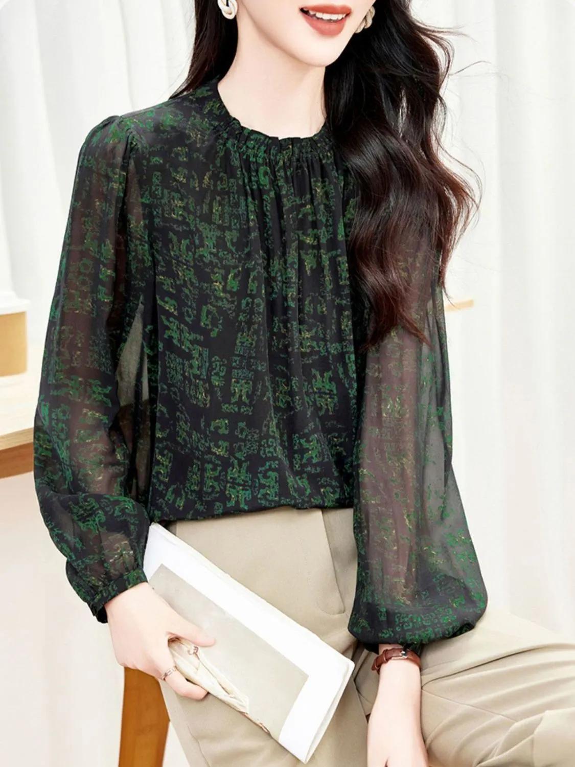 Women S Long Sleeve Stand Collar Printed Loose Fit Shirt M зелёный