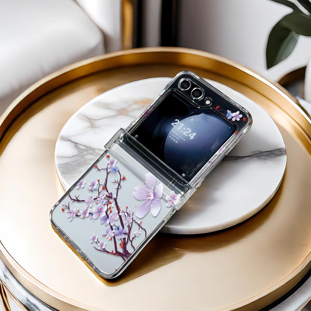 Husă pentru telefon Samsung Galaxy Z Flip 3 4 5 cu design de flori violete Z3 Z4 Z5 Husă cu rabat Husă de protecție ușoară și elegantă