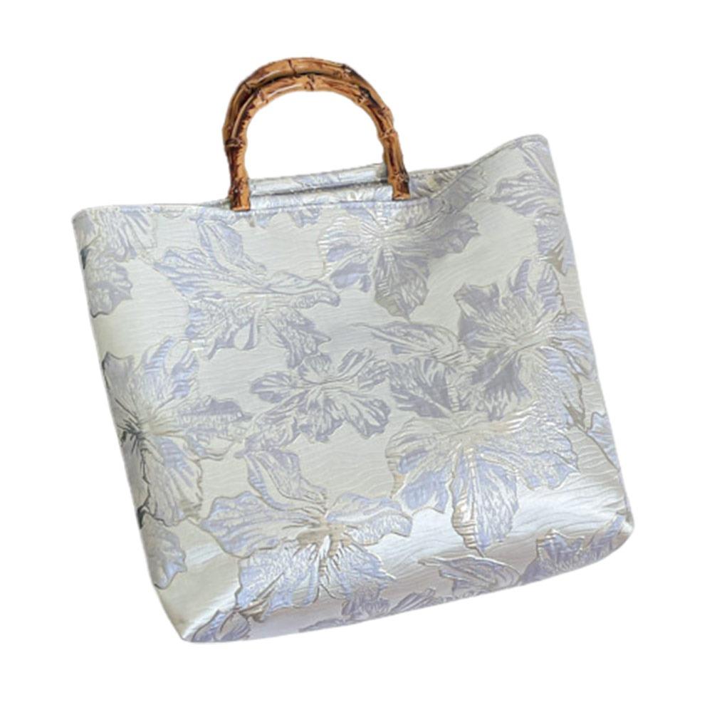 

Bamboo Joint Canvas Tote Bag Large Capacity Zipper Closure Chinese Style Bag Flower Pattern Embroidered Design фиолетовый