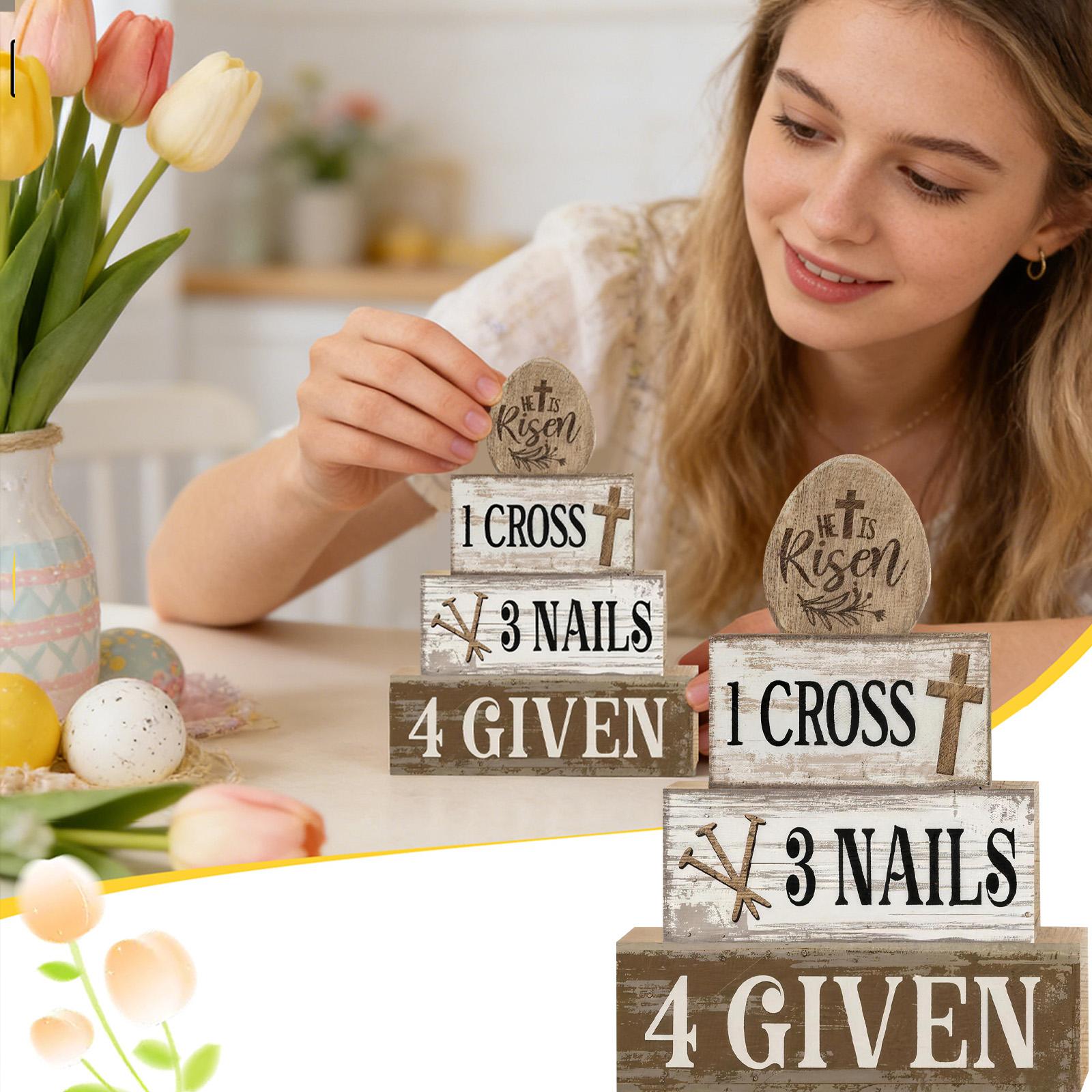 

Easter Religious Theme Wooden Stacked Ornaments: He Is Risen Vintage Distressed Decorative (1 Cross, 3 Nails, 4 Givens), Text Tabletop, Holiday One Size