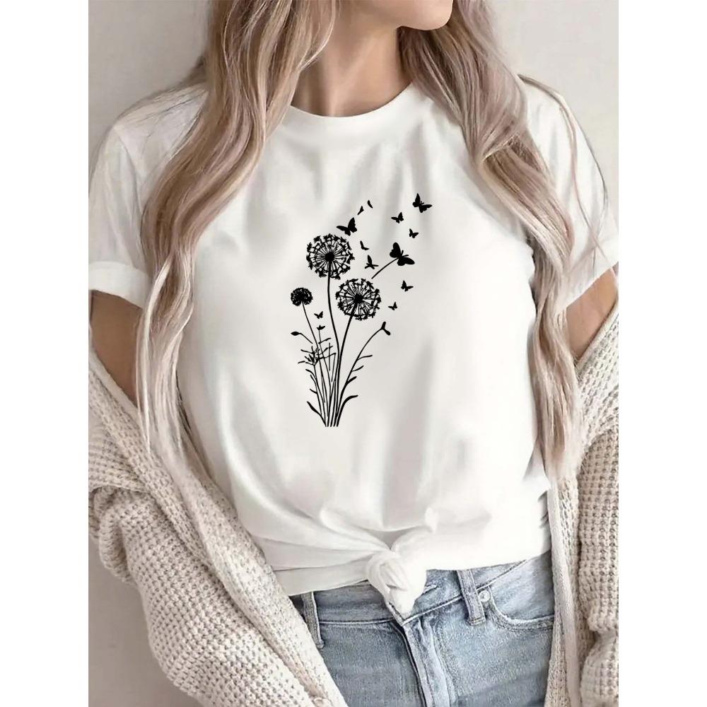 Cute Dandelion Butterfly Print Round Neck T-Shirt for WomenCasual Fashionable Spring Summer Daily