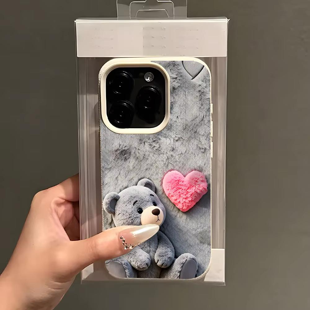 Cute Teddy Bear Heart Pattern Lychee Soft Phone Case For iPhone 17 16 15 14 13 12 11 Pro Max 15 14 Plus X Xs XR 17 Air Cover