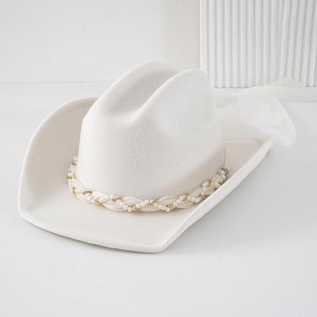 Women's Bridal Top Hat with Pearl & Gold Ribbon - Festival Cowboy Hat
