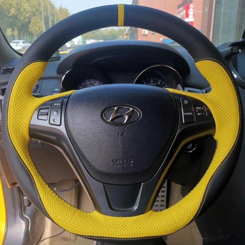 

Для Hyundai Genesis Coupe 2010-2016 Rohens Coupe 2009 ручной шов Черно-желтая кожаная оплетка на руль автомобиля 1