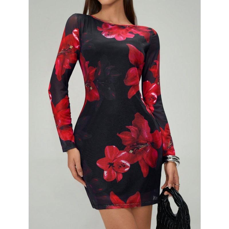 

Женское платье весна/лето с цветочным принтом, круглым вырезом, газовым, облегающим, с длинными рукавами XXL чёрный