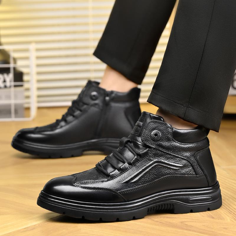 Fashion Winter Black Velvet Warm Men's Snow Boots Designer Soft Sole Casual Cotton Shoes Fashion Cow Leather  Antiskid Men Ankle Boots