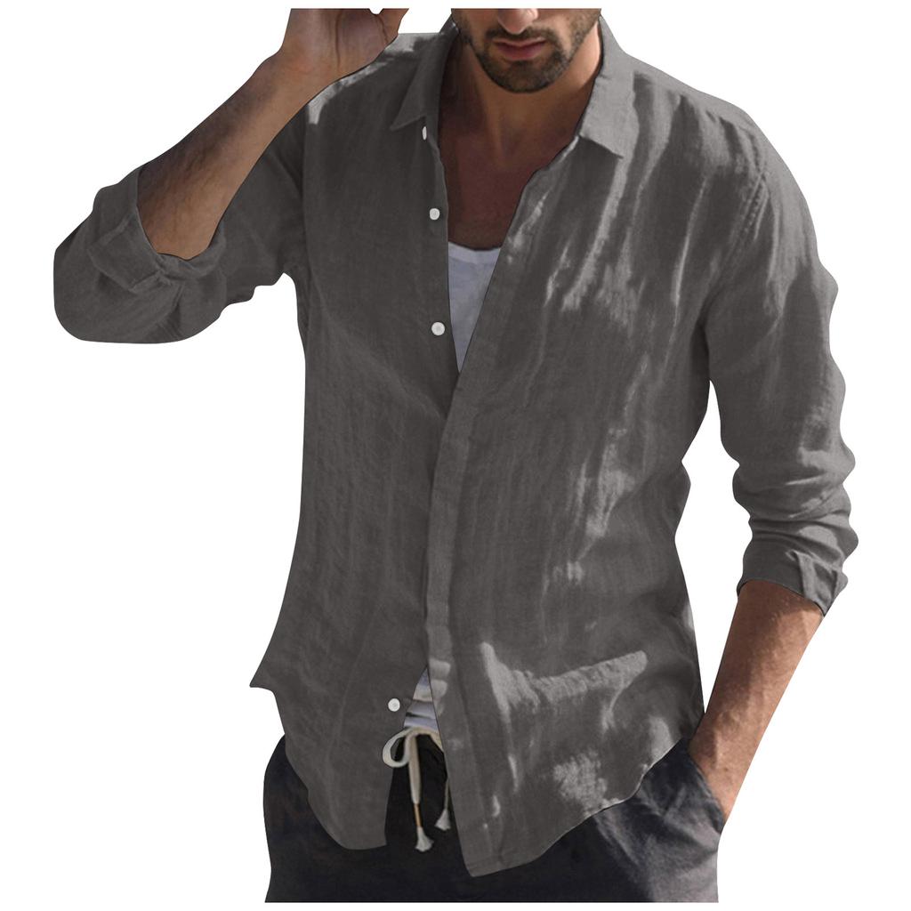Men's Stand Collar Shirt Beach Casual Solid Color Long Sleeve Breathable Top T-shirt Blouse