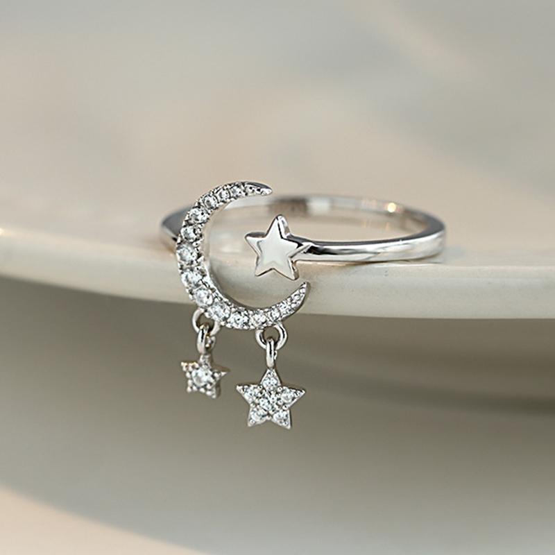 Retro Minimalist Double Layer Moon Star Cross Zircon Adjustable Open Ring for Women Personality Jewelry Resizable