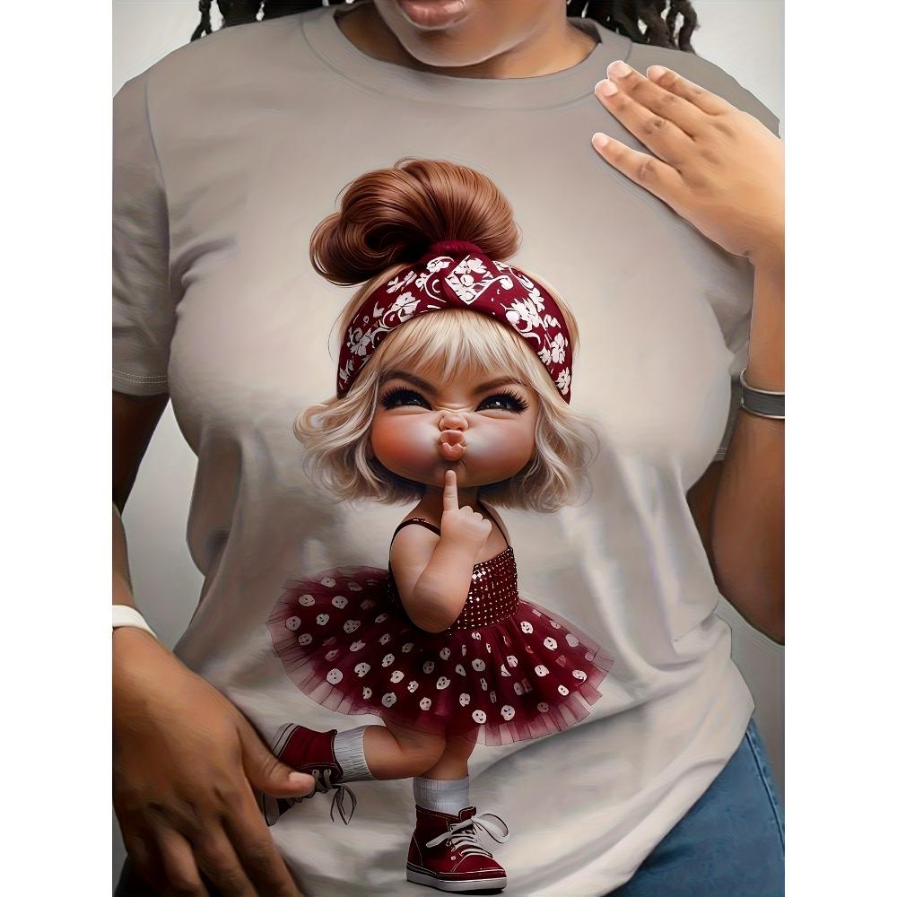

Large Size Women S Digital Printed Short Sleeved T-shirt Crew Neck Slight Stretch Fabric, Regular Sleeve, All Seasons 3XL