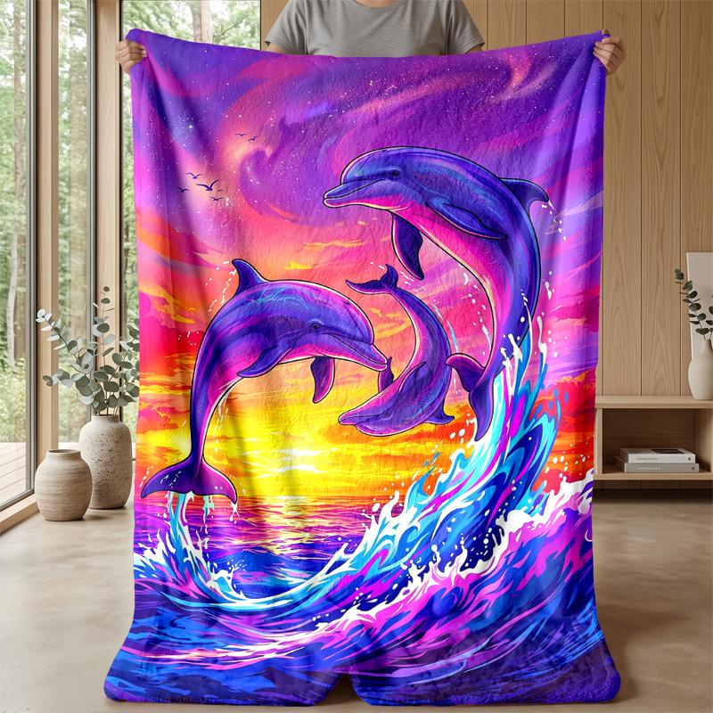 Dolphins Leaping at Sunset 1 Theme blanket Lightweight Warm Flannel Blanket Decorative Throw Blanket for Home Decoration