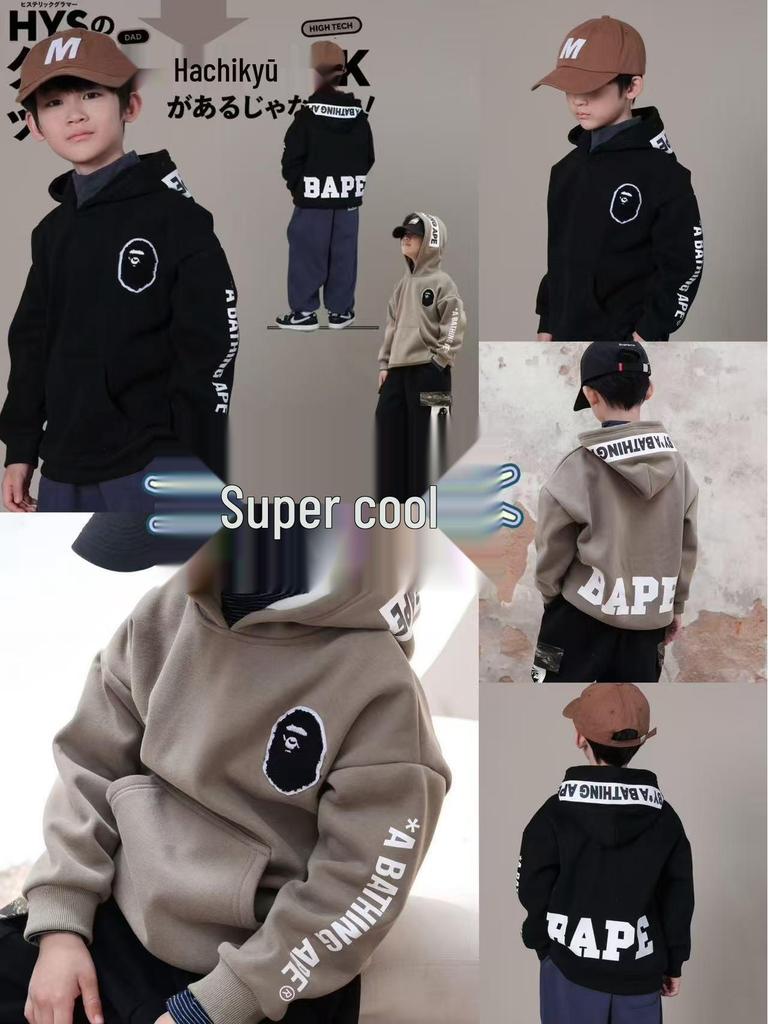 Trendy Japanese Style Boys' Hooded Fleece-Lined Autumn/Winter Sweatshirt