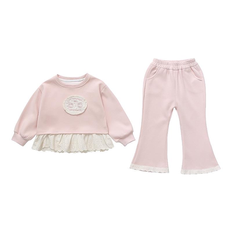 Meng Tang Tang Spring Lace Embroidery Cartoon Hoodie Two-Piece Set for Baby Girls