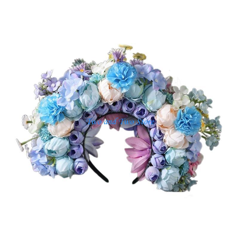 HX6F Flower Crown Headpiece with Double Side Headband for Bridal Women Photo Props