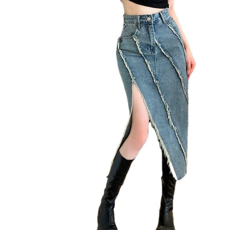 2023 Women's A-Line High-Waisted Blue Denim Midi Skirt with Slimming Slit and Large Hem