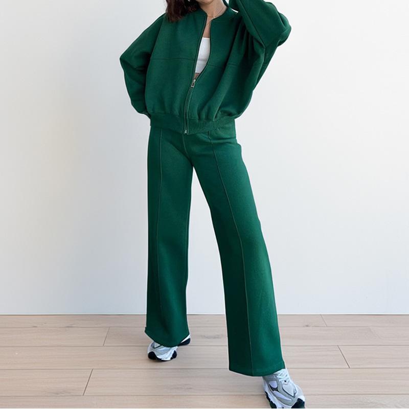Women's Grey Cropped Zipper Hoodie and Loose Fit Sweatpants Casual Lounge Set