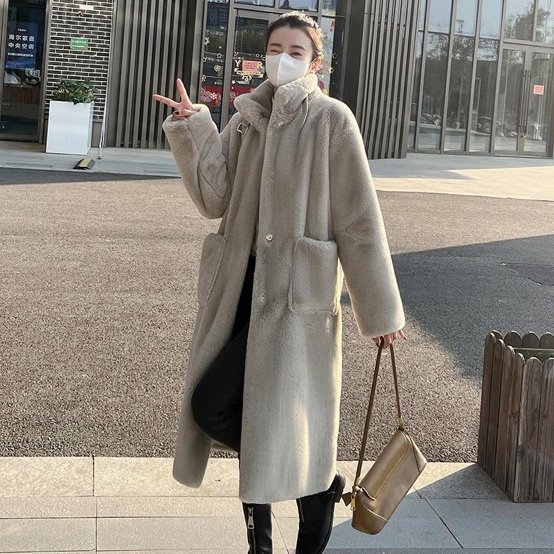 Lamb wool coat women's long new autumn and winter stand-up collar fur integrated thickened plush fur coat