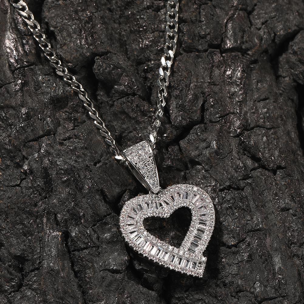 THE BLING KING Baguettecz Hollow Heart Pendant Box Chain Necklace Iced Out Cubic Zirconia Charm Engagement Jewelry For Gift