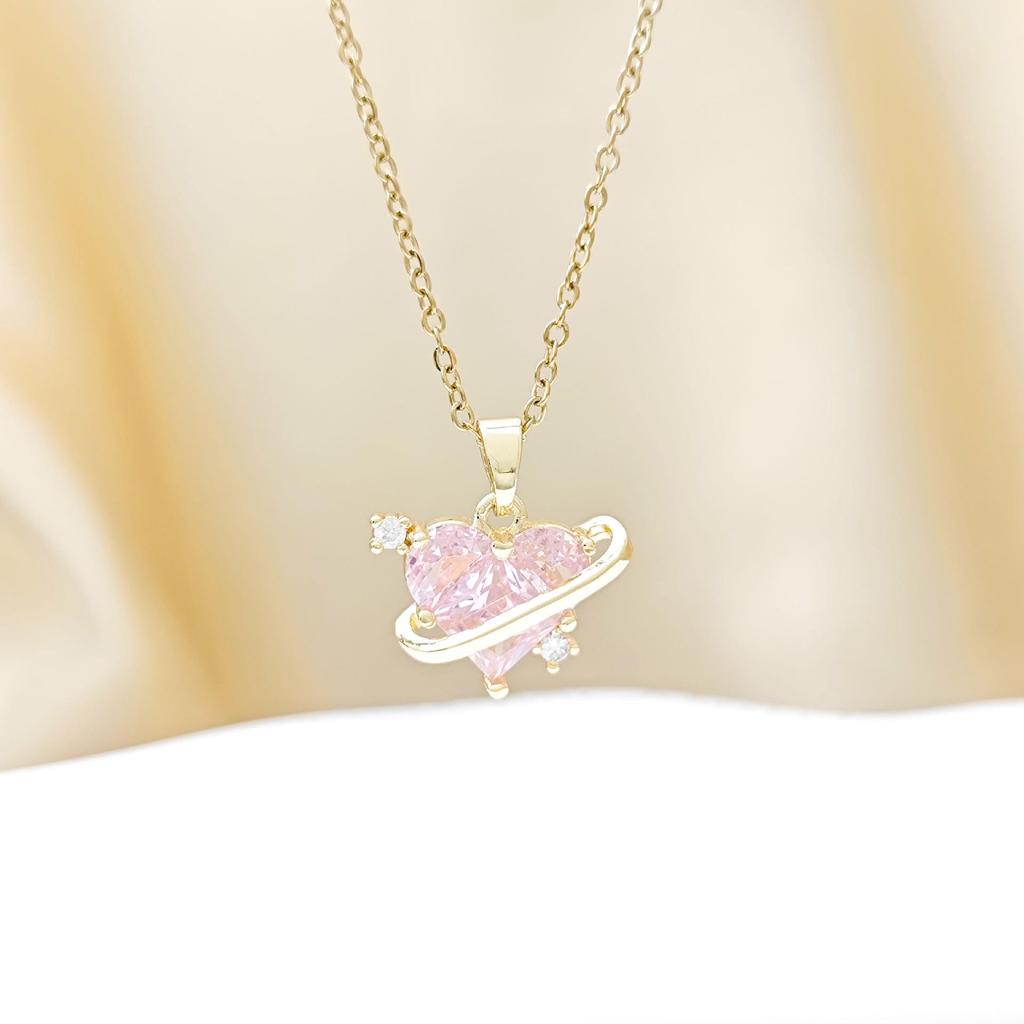 Luxury Pink Heart Pendant Necklace for Women - Fashionable Clavicle Chain Accessory
