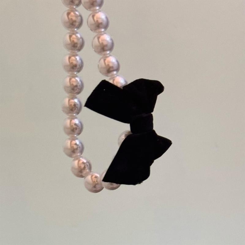 Colar Punk com Pérolas e Contas, com Pingente Larga Laço Preto, Correntes de Pescoço Góticas da Moda para Mulheres