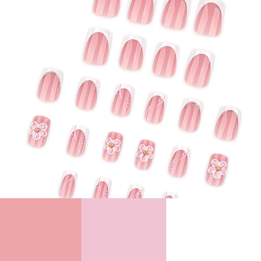 24 Pieces Hot-selling Summer 3D White Flower Wearing Nail French White Medium and Short Square Nail Nail Piece