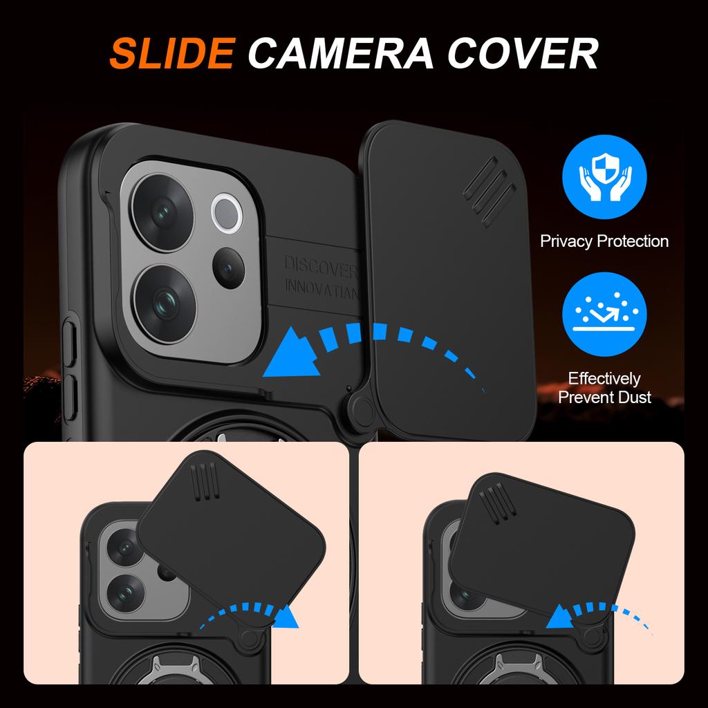 Sliding Camera Lens Cover Armor Phone Case For VIVO V70 V2538 V70Elite V2548 Metal Ring Stand TPU Frame Plastic Shockproof Shell