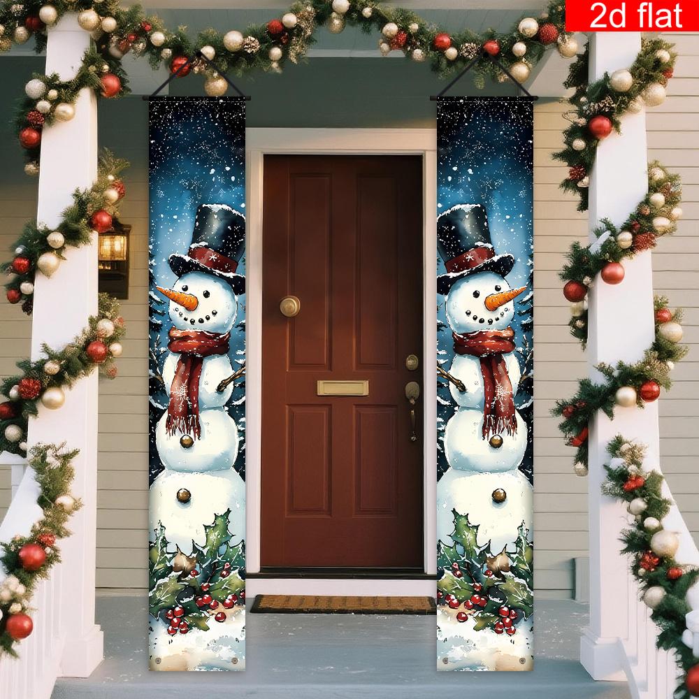Merry Christmas Porch Sign Snowman Couple 1 Pair Polyester Indoor Outdoor Decor