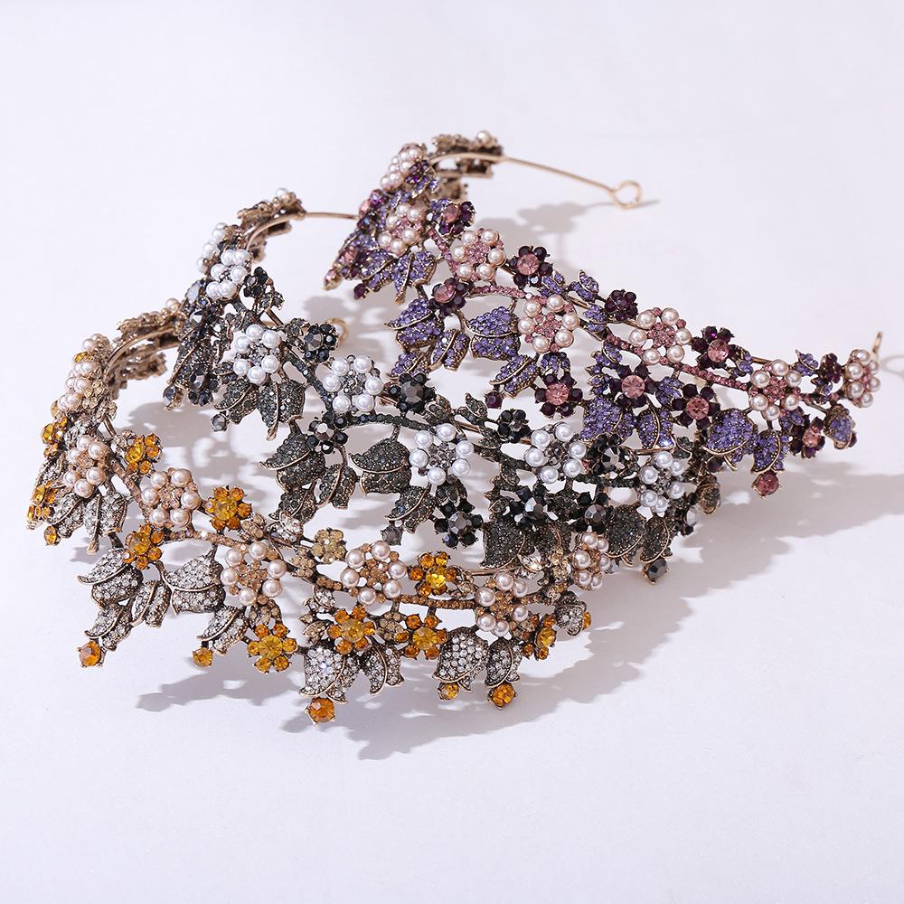 New diamond style retro forest style wedding hair accessories headband flower inlaid with rhinestones pearl purple bridal crown