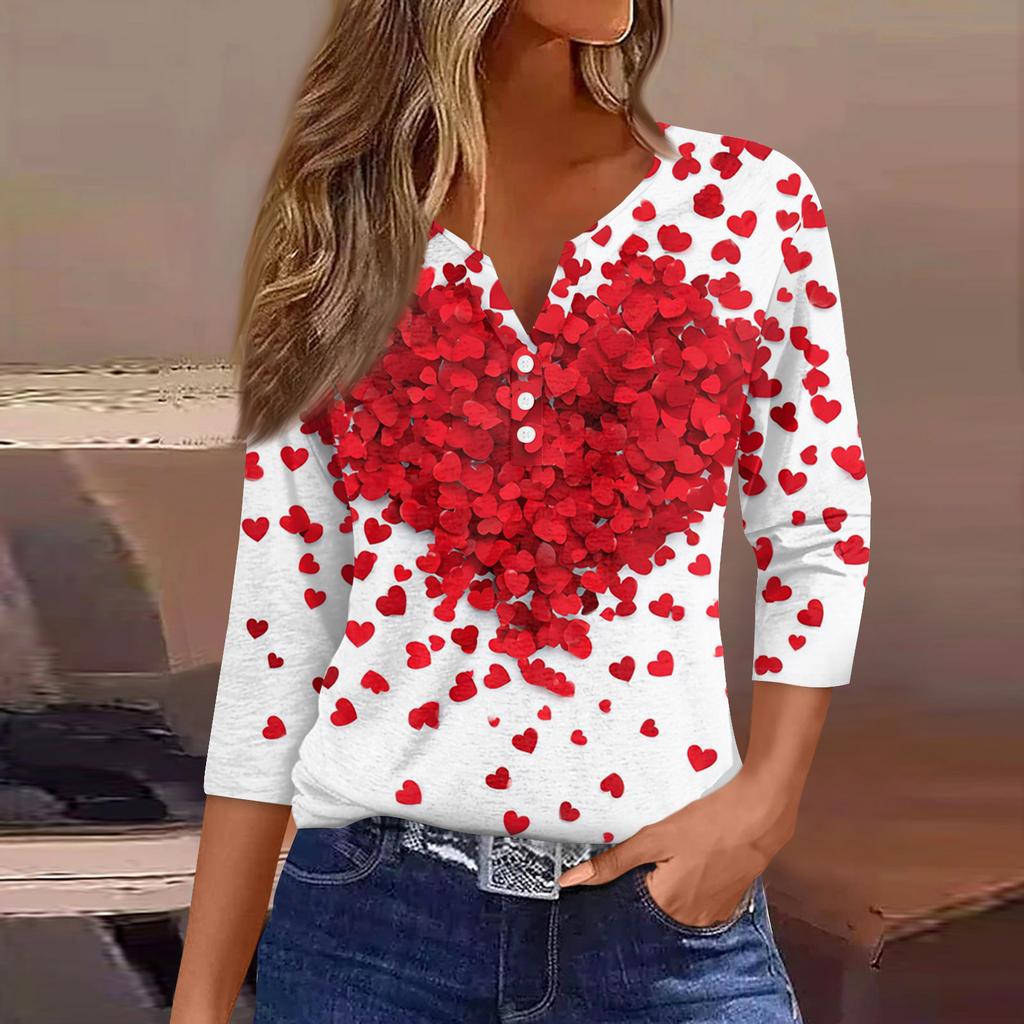 Camiseta feminina com estampa de botão, manga 3/4, moda diária de fim de semana, básica, decote em V, top regular