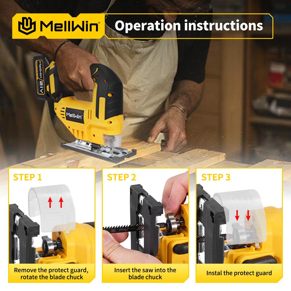 MELLWIN 3500RPM Brushless Electric Jig Saw 750W Jigsaw Adjustable Blade 3 Variable Speed Woodworking Tool for Makita 18V Battery