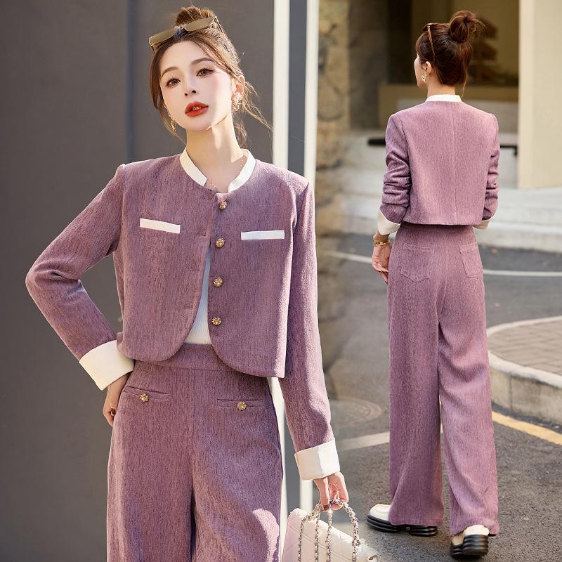 

Весна 2025 Женский костюм-двойка: жакет и широкие брюки - Стиль маленький аромат S for 85-105 lbs