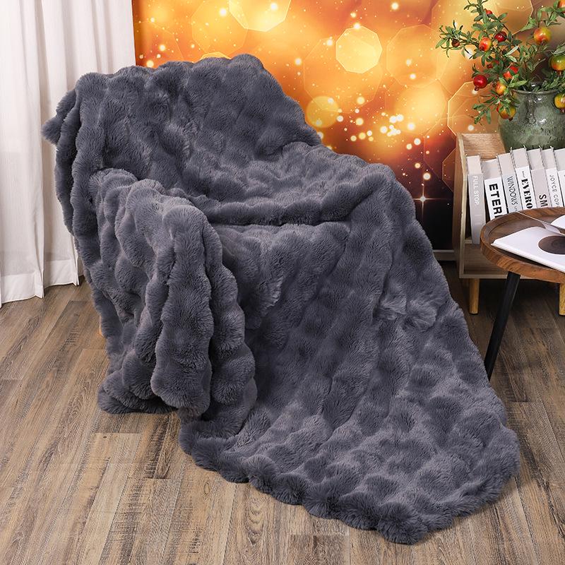 Tuscany Faux Rabbit Fur Bubble Fleece Blanket - Cozy Winter & Summer Sofa Throw