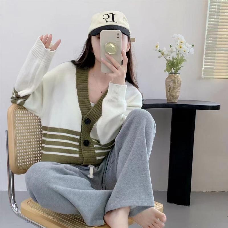 Autumn and Winter Lazy Wind Loose Sweater Cardigan Women's New Striped V-neck Knitted Jacket Versatile Casual Top