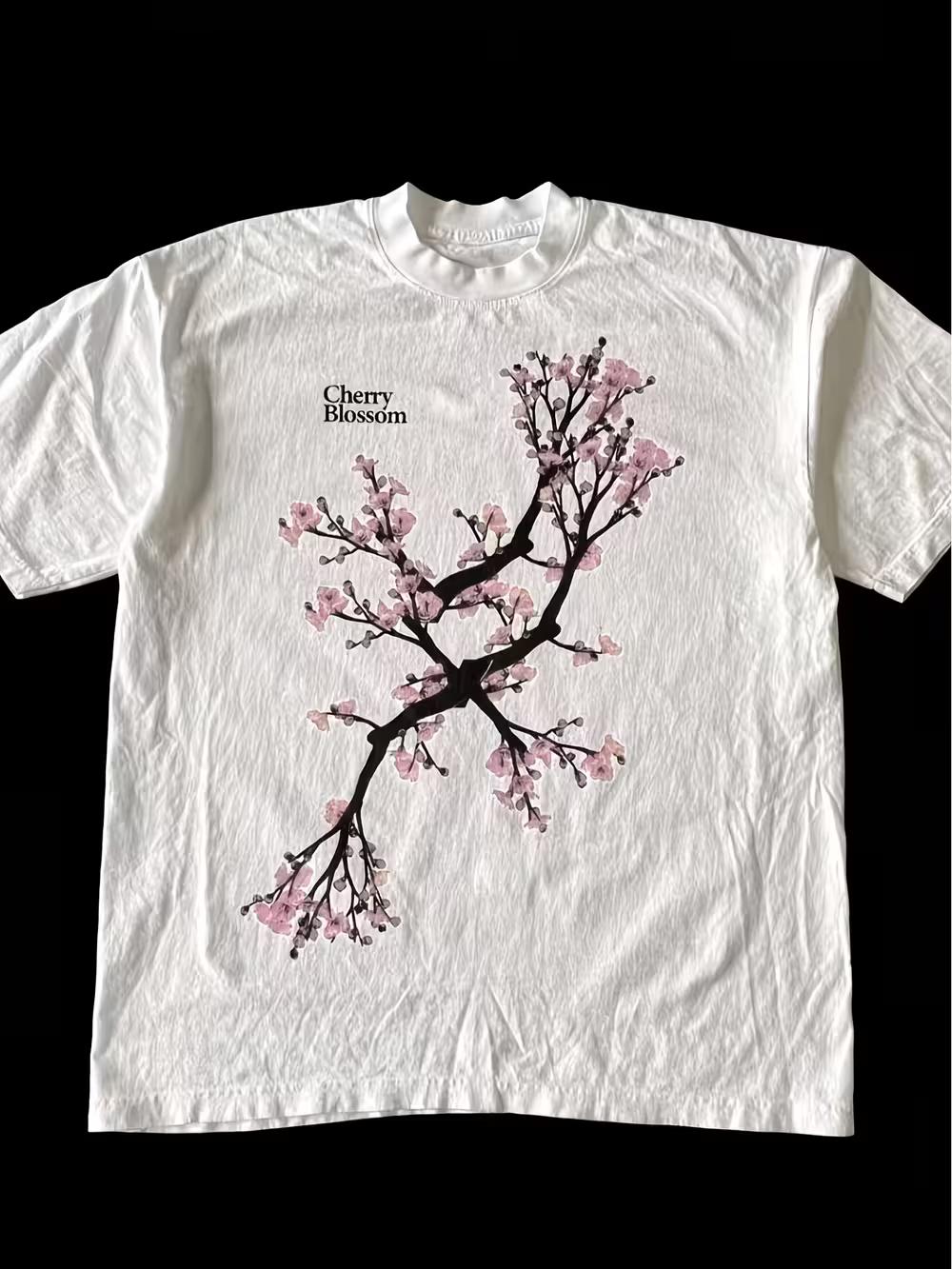 Men S Gothic Retro Harajuku Style T-Shirt Featuring a Peach Blossom Design S