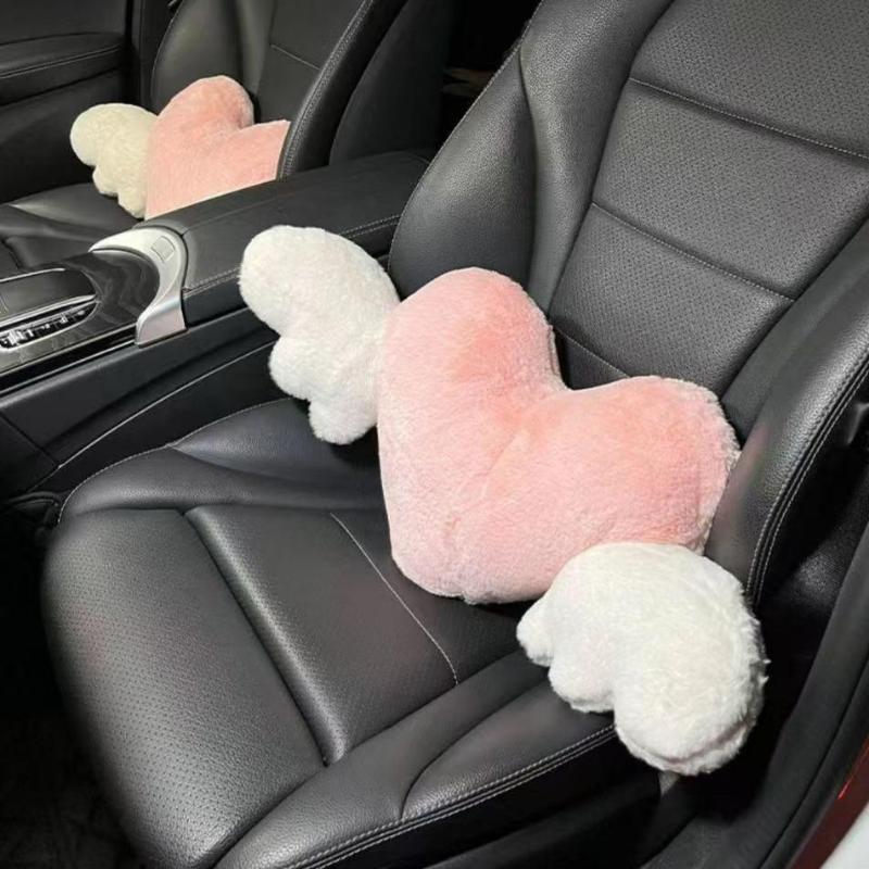 Cute Pink Heart Angel Wing Car Neck Pillow Lumbar Pillow Soft Plush Comfortable Car Seat Cushion Car Seats Interior Decoration