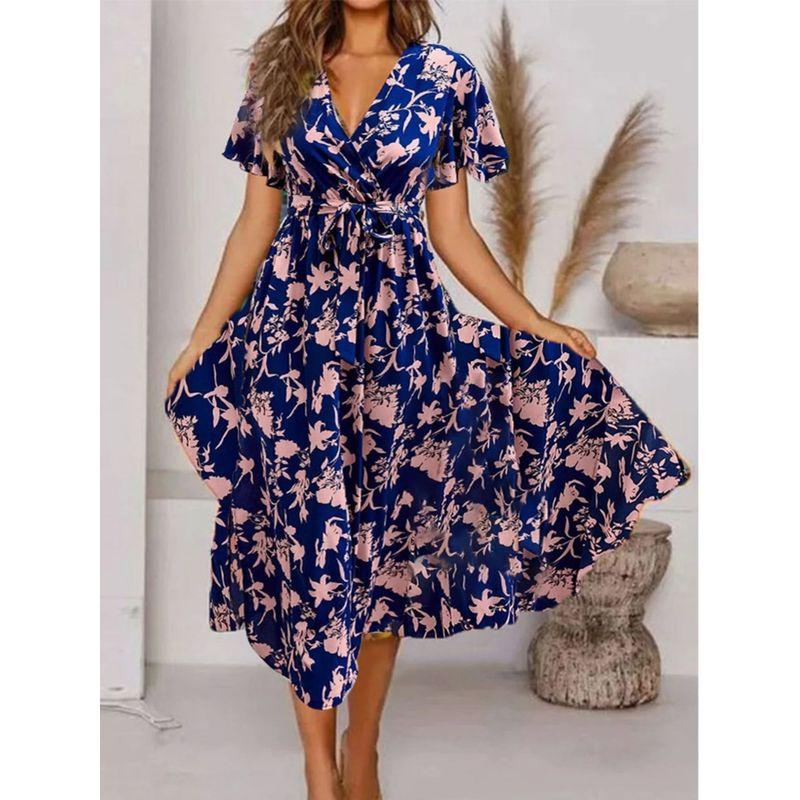 Women's Printed V-neck Short Sleeve Dress Women's Print Short Sleeve Dress