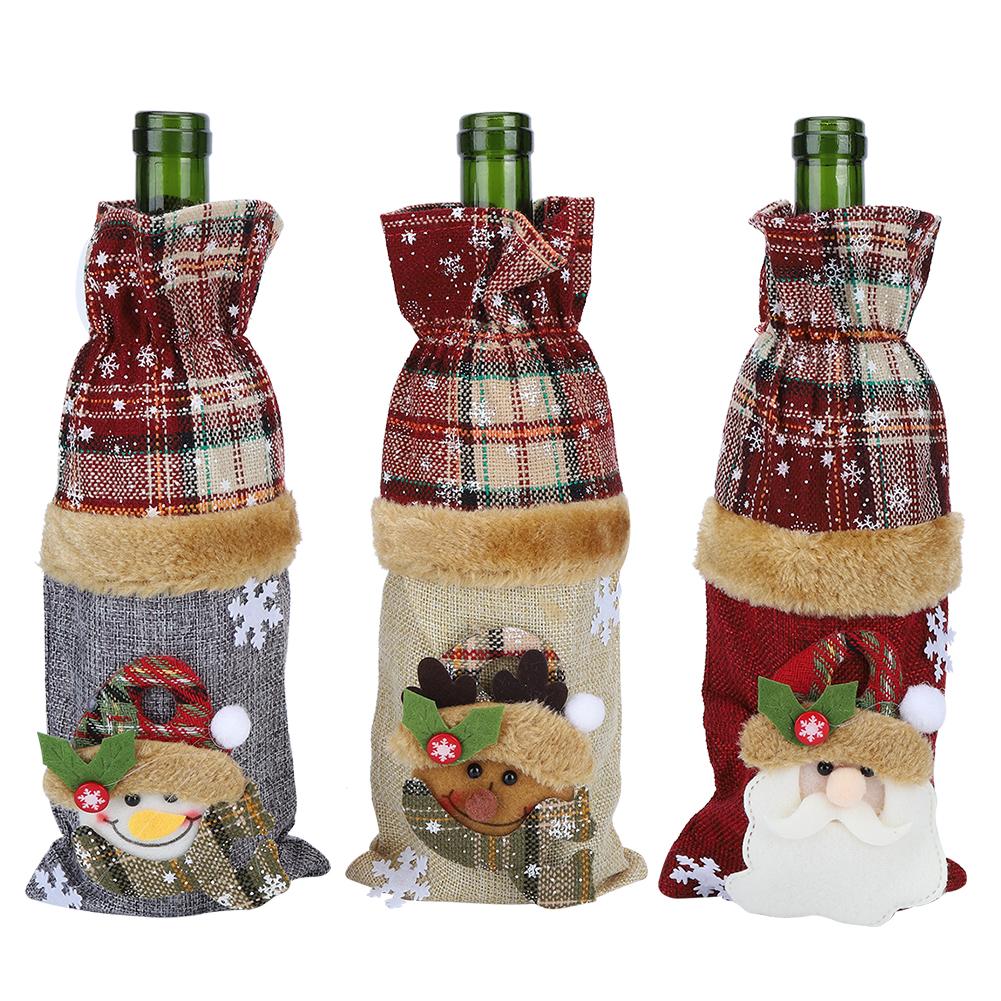 3Pcs Grid Pattern Linen Wine Bottle Cover Red Wine Champagne Bottle Bag Christmas Decoration