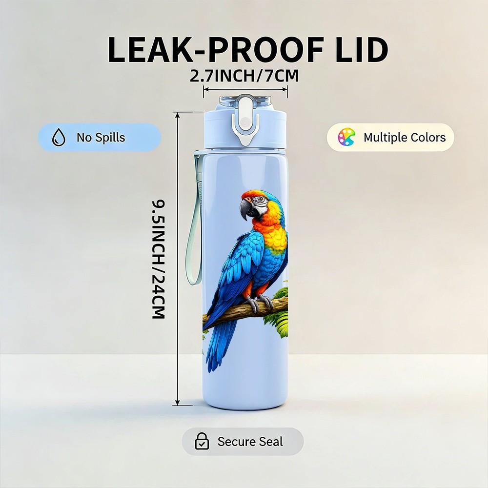 1PC Blue Parrot Bird On Tree Branch Print 750ml Color Plastic Sports Water Bottle Leakproof Flip Straw Lid Suitable for Sports Office Home Use